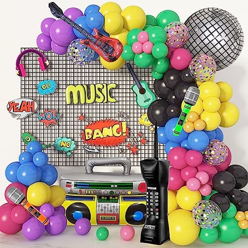 90Pièces Musique Disco Décorations Arche Ballons Kit Fête Années 90 80 Ballons Bleu Noir Rose Gonflable 4D Disco Ballon Anniversaire Enfants Fille garçons Party Hip Hop Theme Décorations