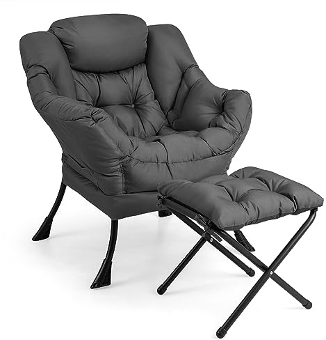 Giantex Lazy Chair with Ottoman, Accent Sofa Chair with Folding Footrest, Side Storage Pocket, Upholstered Leisure Lounge Armchair with Stool for Bedroom, Living Room, Office, Gray