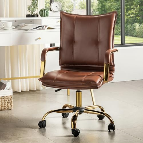 HULALA HOME Faux Leather Home Office Chair with Gold Base and Arms, Brown | Upholstered Office Chair with Tufted Backrest, Foam Cushion, Height Adjustable Desk Chair with 360° Swivel for Study & Work