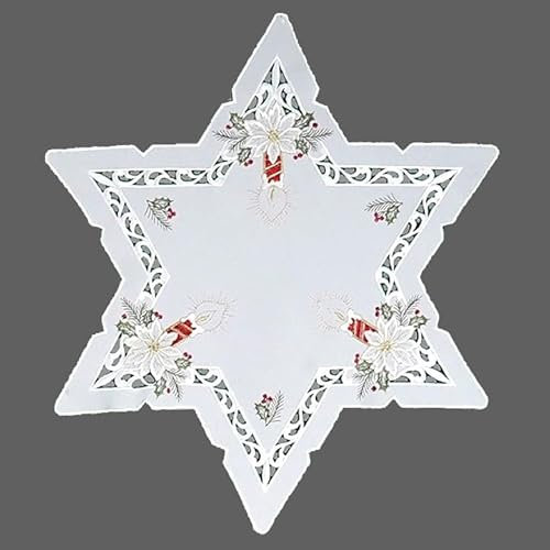 Tischdecke Tischläufer Mitteldecke Deckchen Aufleger Stern Weihnachten Advent weiß Bestickt mit roten Kerzen und Zapfen im Cutworkstil (Stern 60 cm)