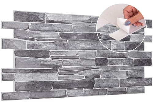 3D Wall Panels Self Adhesive - 16 Sheets Covering 7.37 sqm | 79.36 sqf - PVC Wall Cladding Panels | Stone Cladding Effect | Easy Peel & Stick | Natural Grey Rock Stone Design