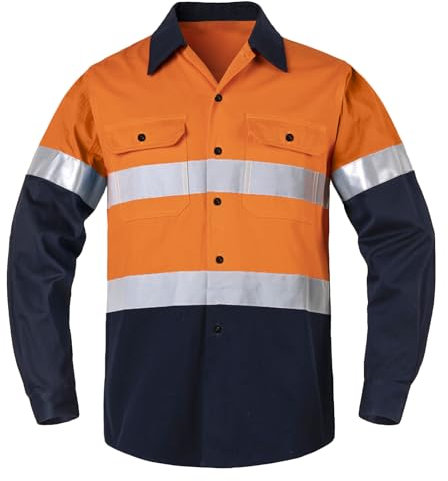 Yukirtiq Mens High Visibility Polo Shirt Reflective Tape Work Button T-Shirt Hi-vis Two Tone Sweatshirt Long Sleeve Breathable Tops, Orange, L