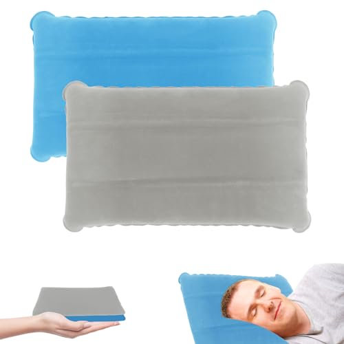 Lollanda 2 Stück Aufblasbares Kissen für Strand und Wasser, Bequem Camping Kopfkissen Leicht, Ergonomisches Reisekissen Aufblasbar für Outdoor Reisen Wandern （Himmelblau+Grau）