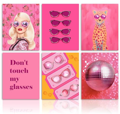 Dazzlewall Rosa Preppy Wandbilder Flippige Discokugel, Trendy Ästhetische Leinwand Bilder für Schlafsaal Teen Mädchen Zimmer Deko 20x25 cm 6er Set Ohne Rahmen