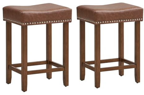 COSTWAY Bar Stools Set of 2, Solid Wood Saddle Stools with PU Padded Seat, Footrest & Anti-slip Pads, Upholstered Counter Height Breakfast Kitchen Stool for Home Pub (Brown, 44x33x60cm)