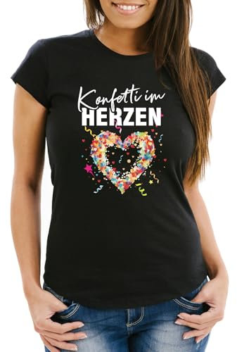 MoonWorks® Damen T-Shirt Fasching Karneval Konfetti im Herzen Kostüm-Ersatz Verkleidung Funshirt Frauen schwarz L