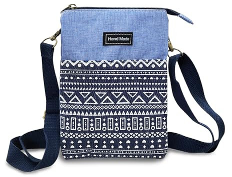 WisePoint Frauen Crossbody Taschen, Baumwolle Handy Umhängetasche Crossbody Telefon Tasche Umhängetasche für Frauen, Boho Handytasche Handy Tasche für Reisen, Shopping (blau)