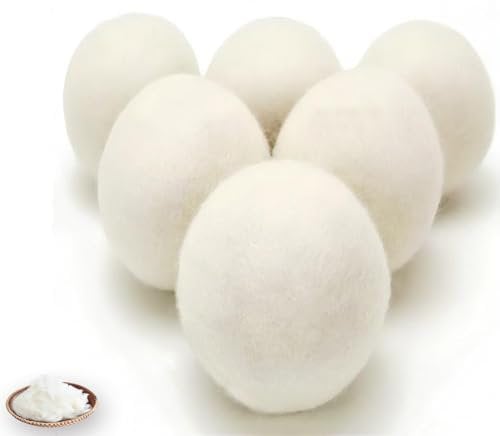 Bolas de lana para secadora, bolas de lavandería, suavizante de tela natural, alternativa a las hojas de secadora, suavizantes líquidos y bolas de plástico, paquete de 6, más lana de cordero de 0.39