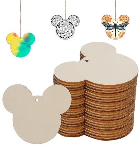 Tmflexe Mouse Head 30Pcs Unfinished Wooden Gift Ornaments DIY Craft Birthday Present-30Pack Paintable Blank Natural Mouse Head Cutouts Hanging Wood Slices for Kids Art Crafts DIY Gift Party Supplies