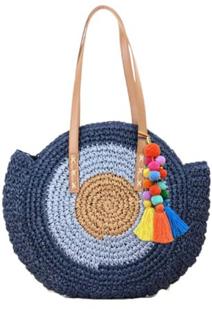 Handbags Straw Beach Bag for Women, Handmade Crochet Crossbody Tote, Blue Evil Eye Design, Colourful tassel (pompom) (Blue)