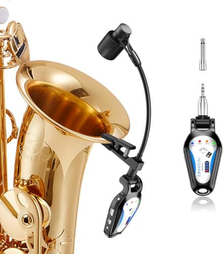 KIMAFUN 2.4G Microfono per Sassofono Wireless, Microfono per Strumenti Senza Fili a Clip Ricevitore e Trasmettitore Sistemi per Sassofono, Corno Francese, Tromba, Trombone, G120