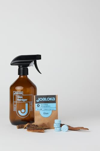 Joaloka Glasreiniger Starter Set, 4 Tabs inklusive Glasflasche, für sauberes Glas, Fenster, Türen und Spiegel, vegan, ökologisch, ohne Microplastik