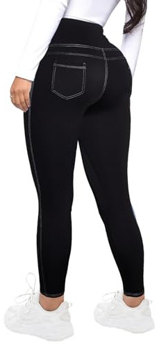 TZLDN Jeggings Damen Stretch High Waist Shape Jeans Leggings mit Taschen Sexy Bauchweg Jeanshosen Casual Jeansoptik Denim Treggings Sport Gym Yoga Schwarz S