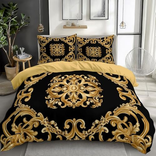 Quixora 3-teiliges Bettwäsche-Set 135 x 200 cm mit 2 Kissenbezügen 80x80 cm, Bettbezüge Barock Blumen Rokoko Streifen Druck weiche Mikrofaser für Kinder Mädchen und Teenager, Helles Gold