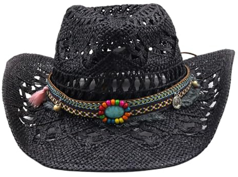 Chapeau de Cowboy Homme Femme Western Cowgirl Hat Brésilien Bohême Paille Panama avec Bande Chapeau de Soleil d'été Chapeau de Plage Cowboy Hat