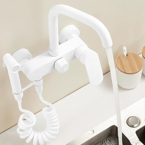 Rubinetto Cucina a Muro Bianco Ottone Miscelatore Cucina a Parete con Pistola a Spruzzo-Bianco