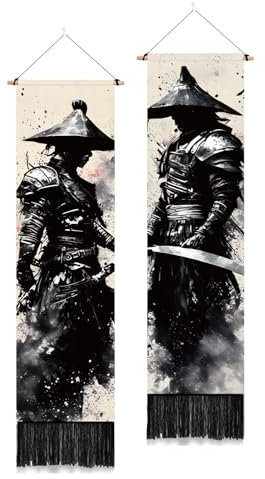 PLIGREAT 2 Pack Encre Style Tapisserie Samouraï Japonais Tenture murale verticale avec glands Noir Esthétique Tapisserie murale pour chambre Salon Dortoir Toile de fond Home Art Decor