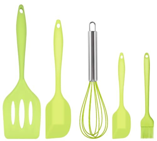 Silicone Spatula Set, 3 Pcs Heat-Resistant Spatula with Whisk & Brush, Non-Stick Rubber Kitchen Utensils Set for Cooking Baking & Mixing (Green)