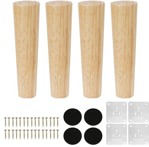 KINDPMA 4 Piezas 18cm Patas para Muebles Madera Roble Cónicas Patas de Mesa de Madera Patas para Sofas con Tornillos y Placa de Montaje para Cama,Sillón,Gabinete de TV, Armario