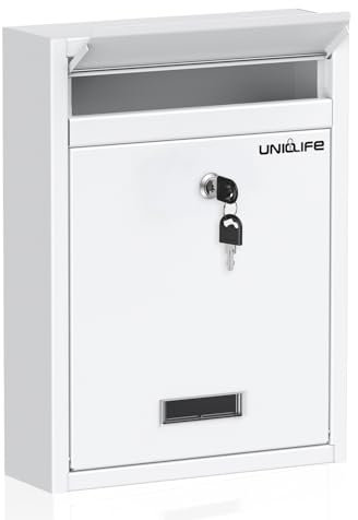 Uniclife Boîte aux lettres murale pour l'extérieur, boîte aux lettres verrouillable, grande boîte aux lettres avec serrure à clé, boîte aux lettres de sécurité pour maison, bureau, école, blanc