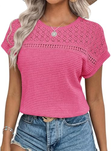 Chicrise Women Tops Lace Short Sleeve New 2025 Blouse Basic Solid Tshirts Casual Elegant Red 2X Large 24-26 2XL