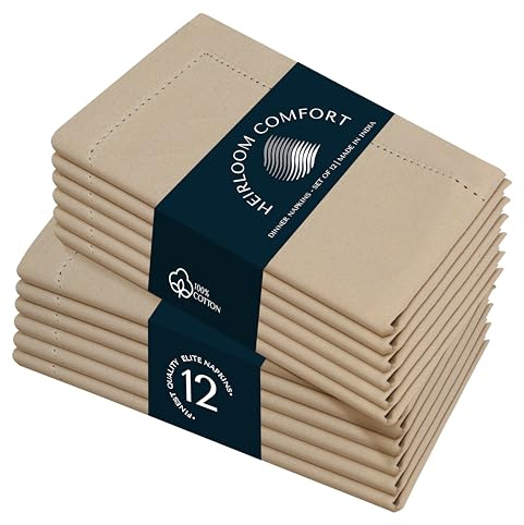Heirloom Comfort Stoffservietten, Beige, 45 x 45 cm, 12 Stück, weich, langlebig, saugfähig, wiederverwendbar, waschbar, Hohlsaum, gehrte Kanten, perfekt für den täglichen Gebrauch, Herbst, Hochzeiten