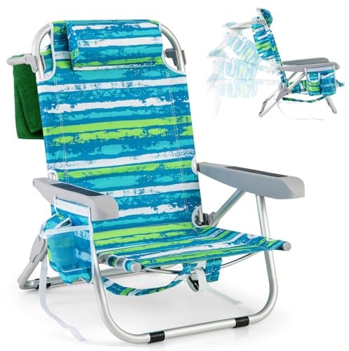 COSTWAY Silla Plegable de Playa, Tumbona con 5 Posiciones, Portavasos, Bolsillos de Almacenamiento, Correas de Hombro, Soporte para Toallas, Almohada, 150kg (Verde+Azul,1)