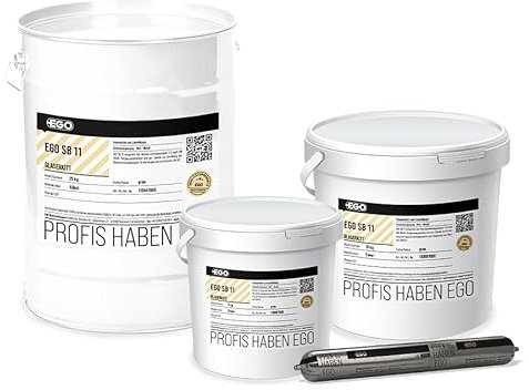 EGO SB 11 Mastic de fenêtre, gris, 25 kg, seau en métal, mastic d'étanchéité à base d'huile de lin, pour vitrage simple dans les cadres en bois et en métal, sans solvant et sans amiante