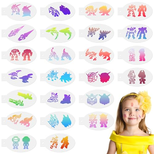 URAQT Tattoo Schablonen Kinder, 24 Blatt Wiederverwendbare Gesichtsfarbe | Schablonen Kit, Tattoo Design Werkzeuge für Party Fasching, Karneval, Weihnachten Halloween Maskerade(Krieger)