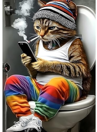 MXJSUA Chat sur les Toilettes Peinture Diamant Adulte, 5D Diamond Painting Complet, Diamant Strass Point de Croix Cristal Painting, Murale Décoration, 30x40 cm