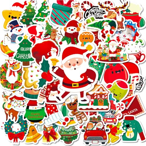 YXBWM 50 Pcs Christmas Stickers Bulk, Cute Holiday Vinyl Sticker Pack for Kids,for Gifts, Scrapbooking, DIY Decorations, Planner, Water Bottles (Christmas)