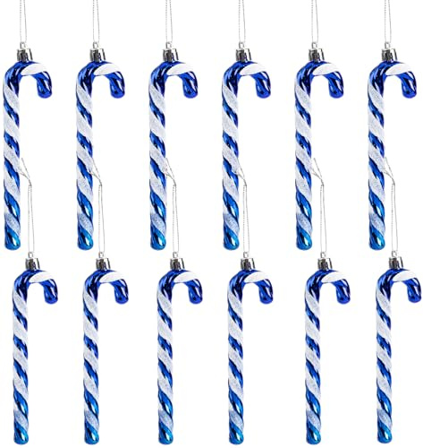 12 Stück Glitzer Weihnachtsbaum Deko Zuckerstangen Anhänger 14 cm Weihnachtsbaumschmuck Zuckerstange Blau & Weiß Weihnachten Deko Christbaumschmuck Baumschmuck Weihnachten Christmas Decorations