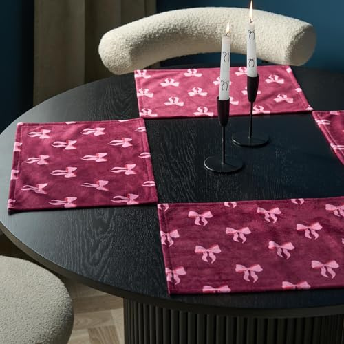 OHS Table Mats Set of 4 Bow Print, Bow Decorations Matte Velvet Placemats Non-Slip Heat Resistant Burgundy Table Decorations Place Mats for Dining Tables Wedding Party, Burgundy - 30 x 40cm