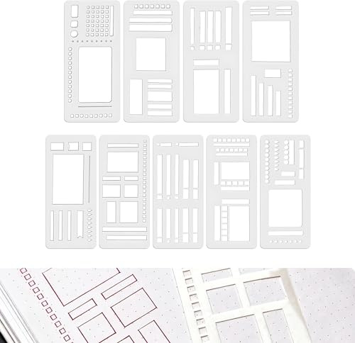 Bullet Journal Schablonen Set für kreative Planung, 9-teiliges DIY Schablone Bullet Journal Zubehör aus flexiblem PET, gerade Linien, Kästchen und Formen für Tagesplanung, College Ruled Notizen