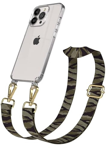 EAZY CASE Handykette - Verstellbares Taschenband kompatibel mit iPhone 13 Pro, Schulterriemen, Handykordel mit Silikon Hülle, Umhängetasche, Grün Camouflage Gold