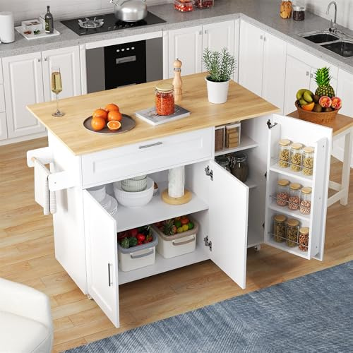 Sapgaks Gran Mesa de Cocina Móvil L132,5 x 44 (70) x H90 cm, Carro de Cocina con 5 ruedas, Encimera Plegable, Armario Multifuncional, Portaespecias, Porta toallas, Blanco