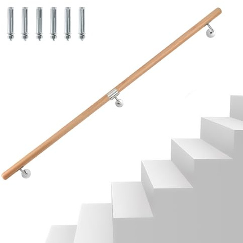 Peviasot Pasamanos de madera de haya, 200 cm, pasamanos de pared, con soporte de pared y tapas finales, redondo de 42 mm de diámetro, pasamanos de madera antideslizante para escaleras, balcón