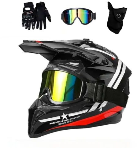 Erwachsenen Motorrad MTB Cross Helm Set, Motocross Crosshelm | mit 2 Wechsel Innenfuttern, Brille Maske Handschuhe, Universeller Downhill Enduro Helm für Dirt Bike ATV Quad Mofa Moped