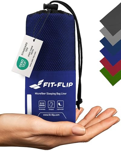 Fit-Flip Hüttenschlafsack Ultraleicht, Mikrofaser Schlafsack Inlay mit extra Kissenfach, Inlett Schlafsack seidig weich, Reiseschlafsack als auch Innenschlafsack, Königsblau