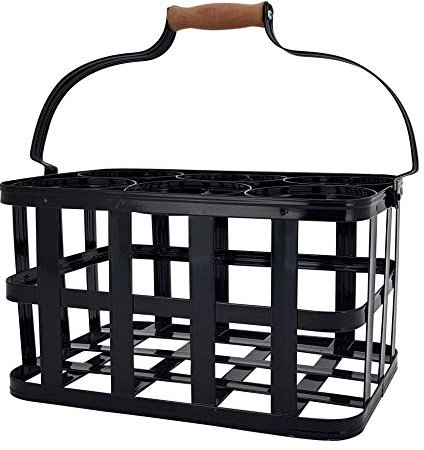 KUHEIGA Flaschenkorb Länge 32,5cm Flaschenträger Metall mit Holzgriff schwarz