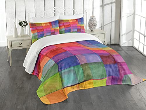 ABAKUHAUS Abstrakt Tagesdecke Set, Regenbogen-Farben-Quadrate, Set mit Kissenbezug Moderne Designs, für Einzelbetten 170 x 220 cm, Mehrfarbig