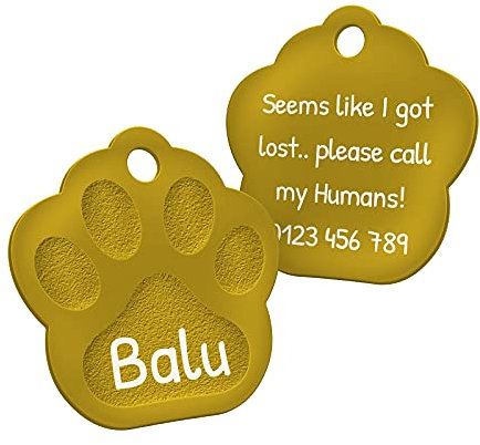 ENGRAVO Hundemarke mit Gravur in Gold 26mm | Pfote Halsbandanhänger personalisiert | Namensschild für Halsband | Anhänger Marke für Hunde, Welpen & Katzen | Dog Tag mit Wunschgravur