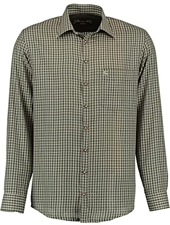 OS Trachten Herren Hemd Langarm Jagdhemd mit Liegekragen Ikoxo, Größe:41/42, Farbe:dunkelgrün