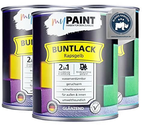 myPAINT® 2-en-1 vernis de couleur (2,25L, RAL 1021 jaune colza) brillant Peinture acrylique - peinture pour jouets d'enfants - peinture pour bois - peinture pour bois intérieur