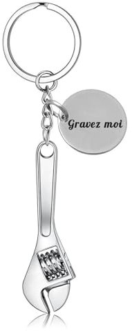 Porte-clés Argenté Clé à Molette Bricoleur Gravure Personnalisée Sur Médaille