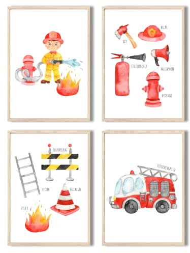 MeinBaby123® Bilder Kinderzimmer | 4er Set DIN A4 Poster Set Feuerwehr | Feuerwehrauto, Feuerwehrmann | Deko Kinderzimmer Junge | Babyzimmer Deko | Wandposter Premium (Feuerwehr V4)