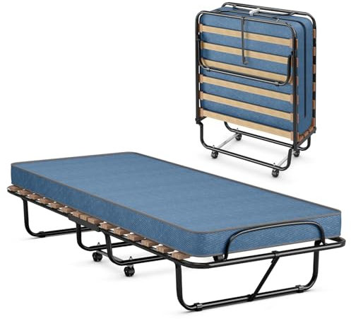 GIANTEX Gästebett klappbar, Klappbett 80x190cm Erwachsene, Einzelbett mit Matratze aus Memory-Schaum, Reisebett mit 4 Rollen, klappbares Bett Faltbett Metallbett Metallrahmen 130 kg belastbar (Blau)