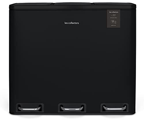 Les Collectors N°988, Papelera de Reciclaje o Basura, 3 contenedores Capacidad 54 L 3x18litros, Acero Inoxidable, Pedal en Acero, Antideslizante, Negro, Acabado Mate