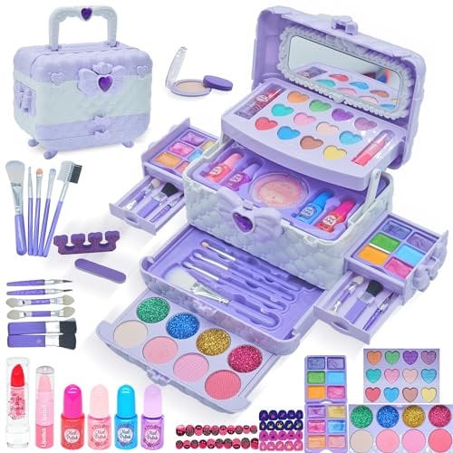 Maquillaje para Niñas - 57 Pcs Lavable de Maquillaje para Niñas Juguetes,Kit de Maquillaje para Niño,Regalo de Princesa para Niñas, Cumpleaños y Navidad de para Niñas 3-10 Años (Morado Claro)