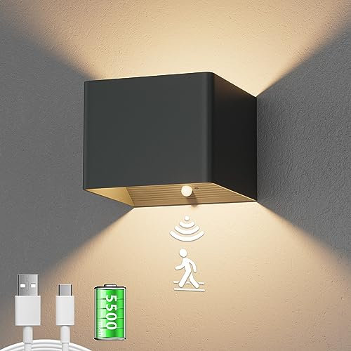 Aipsun LED akku wandleuchte mit Bewegungsmelder mit 5500mAh, LED wandleuchte Innen, 2700k,5W, kabellose wandleuchte mit Schalter, für Treppen, Foyer, Flure (Anthrazit)